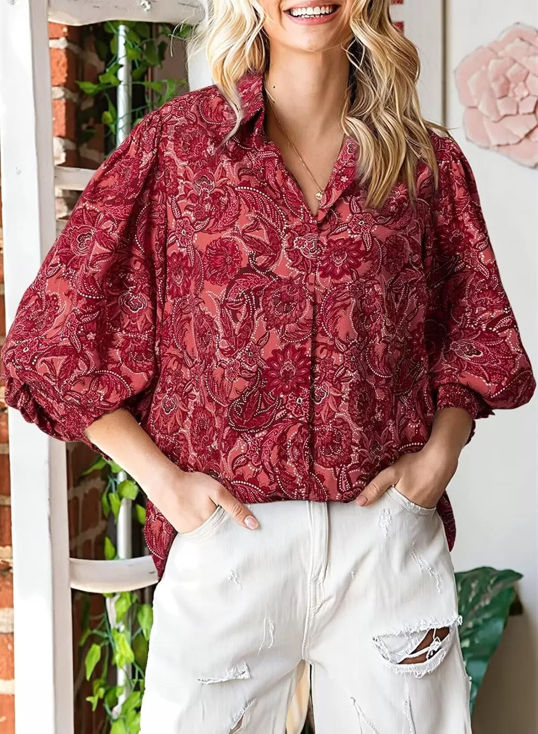 imageAstylish Women 2024 Loose VNeck Shirts Paisley Print Lantern Sleeve Blouse TopsZa Dark Red