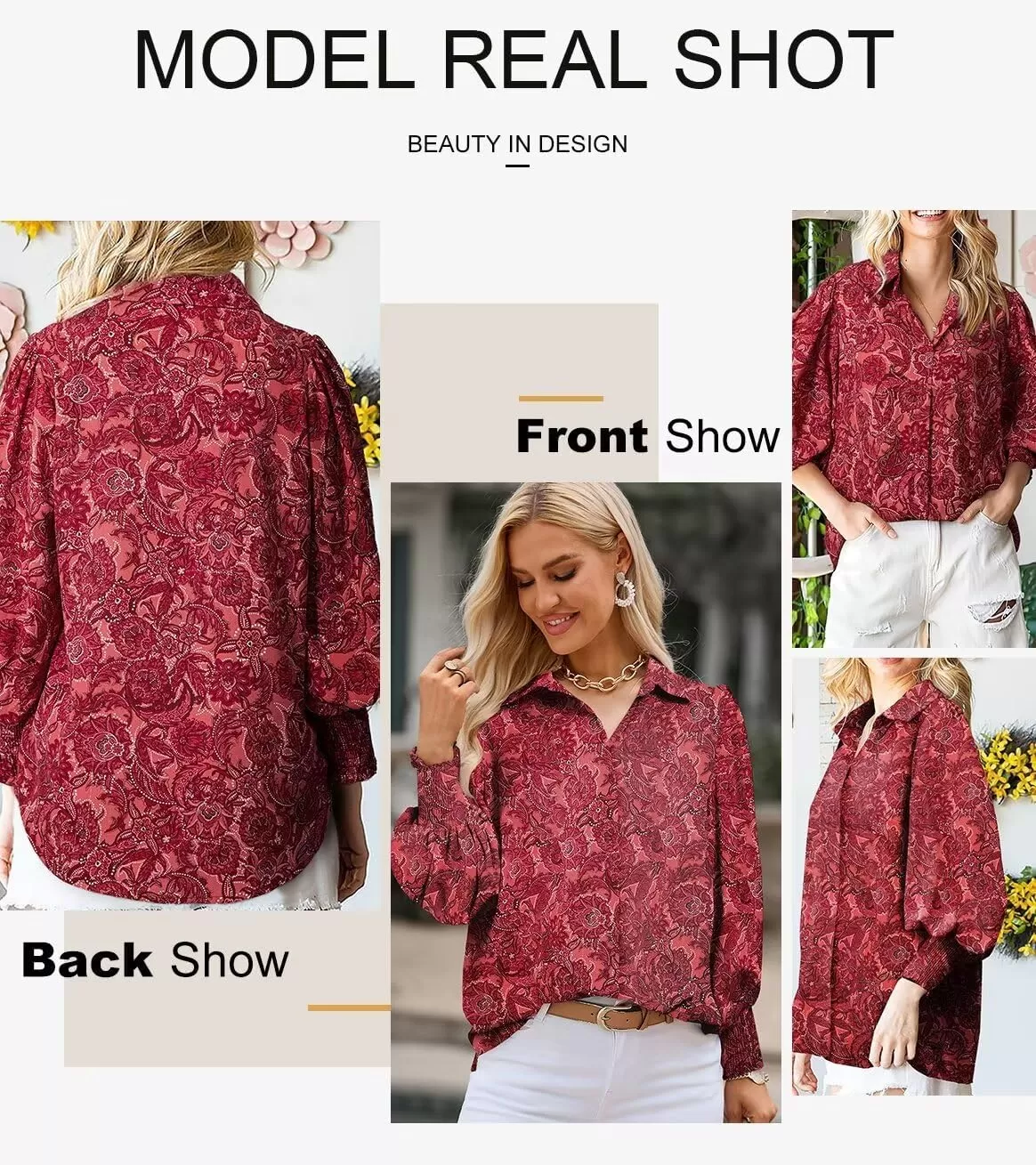 imageAstylish Women 2024 Loose VNeck Shirts Paisley Print Lantern Sleeve Blouse TopsZa Dark Red