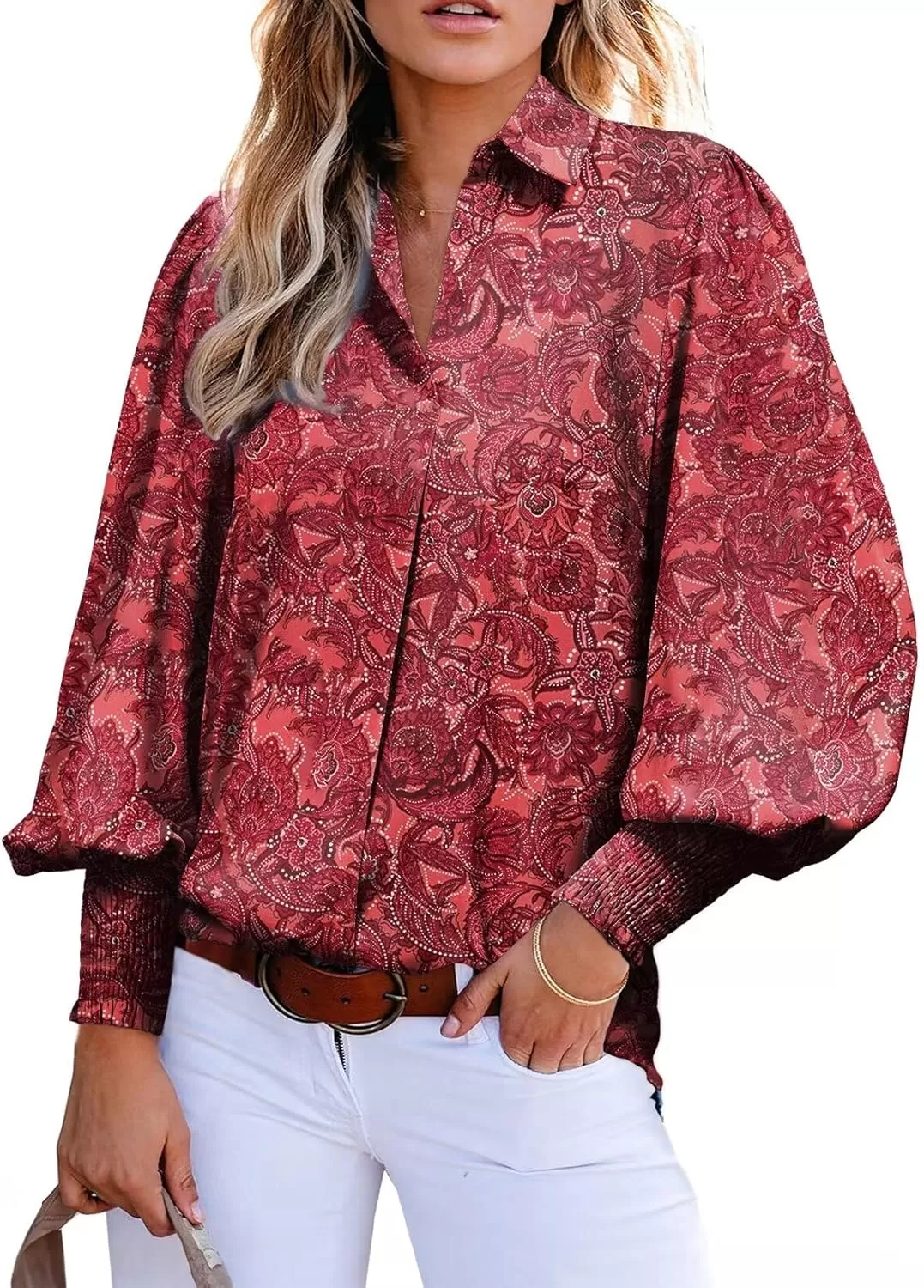 imageAstylish Women 2024 Loose VNeck Shirts Paisley Print Lantern Sleeve Blouse TopsZa Dark Red