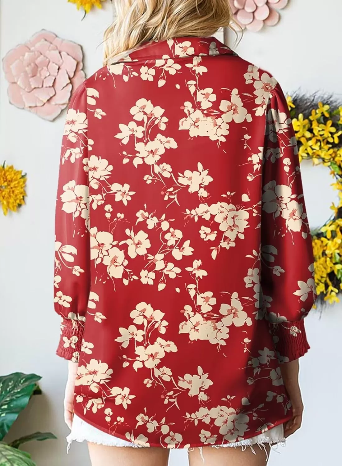 imageAstylish Women 2024 Loose VNeck Shirts Paisley Print Lantern Sleeve Blouse TopsZa Floral Red