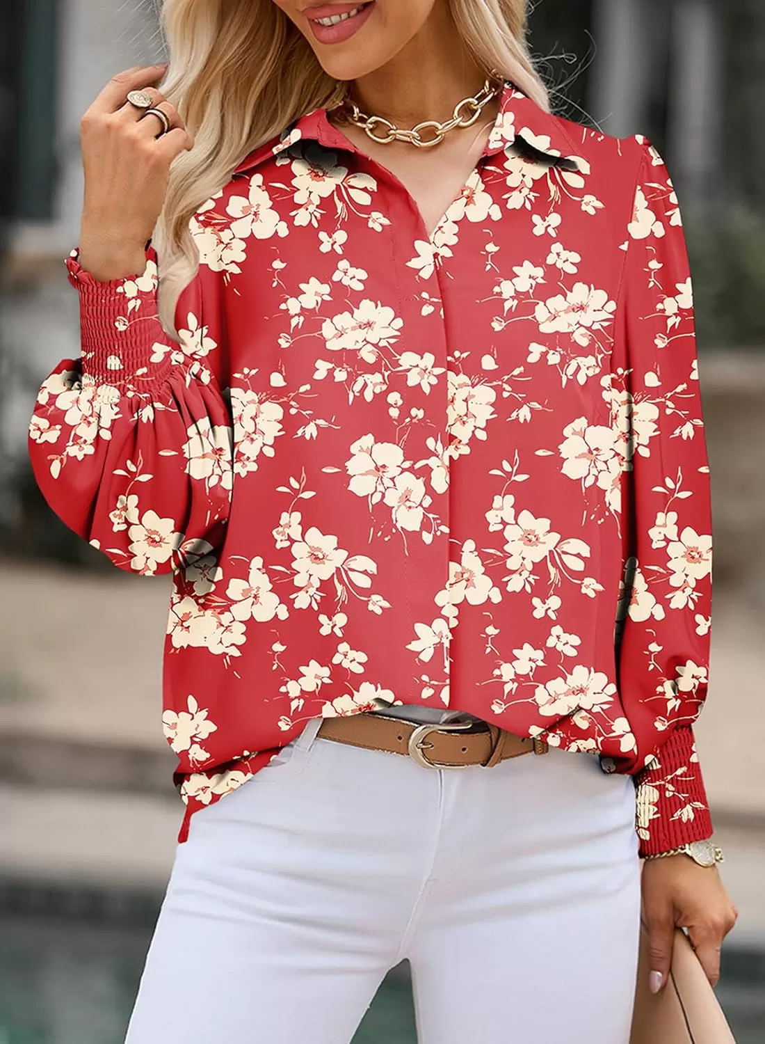 imageAstylish Women 2024 Loose VNeck Shirts Paisley Print Lantern Sleeve Blouse TopsZa Floral Red
