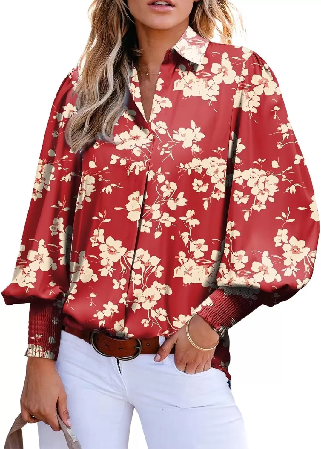 imageAstylish Women 2024 Loose VNeck Shirts Paisley Print Lantern Sleeve Blouse TopsZa Floral Red