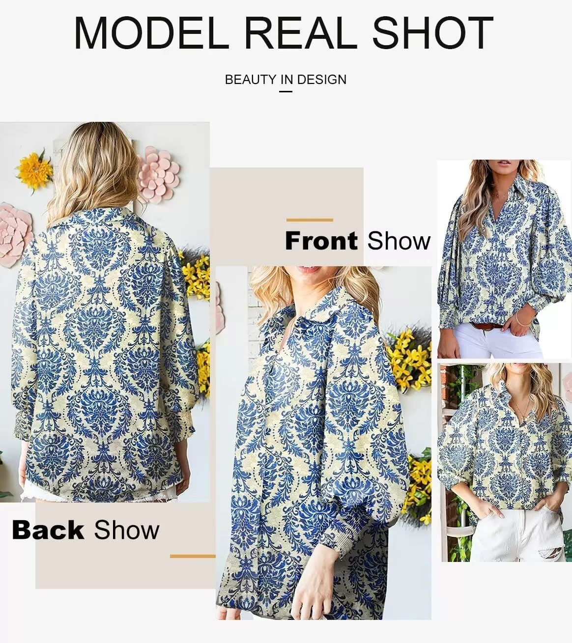 imageAstylish Women 2024 Loose VNeck Shirts Paisley Print Lantern Sleeve Blouse TopsZb Dark Blue