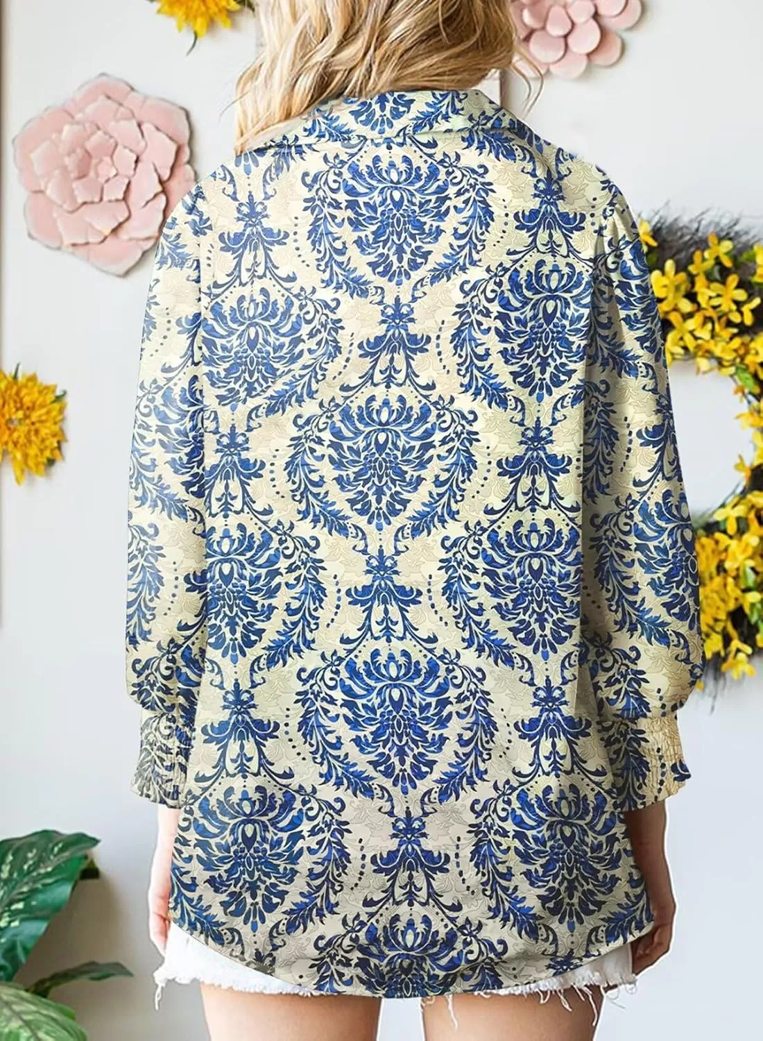 imageAstylish Women 2024 Loose VNeck Shirts Paisley Print Lantern Sleeve Blouse TopsZb Dark Blue