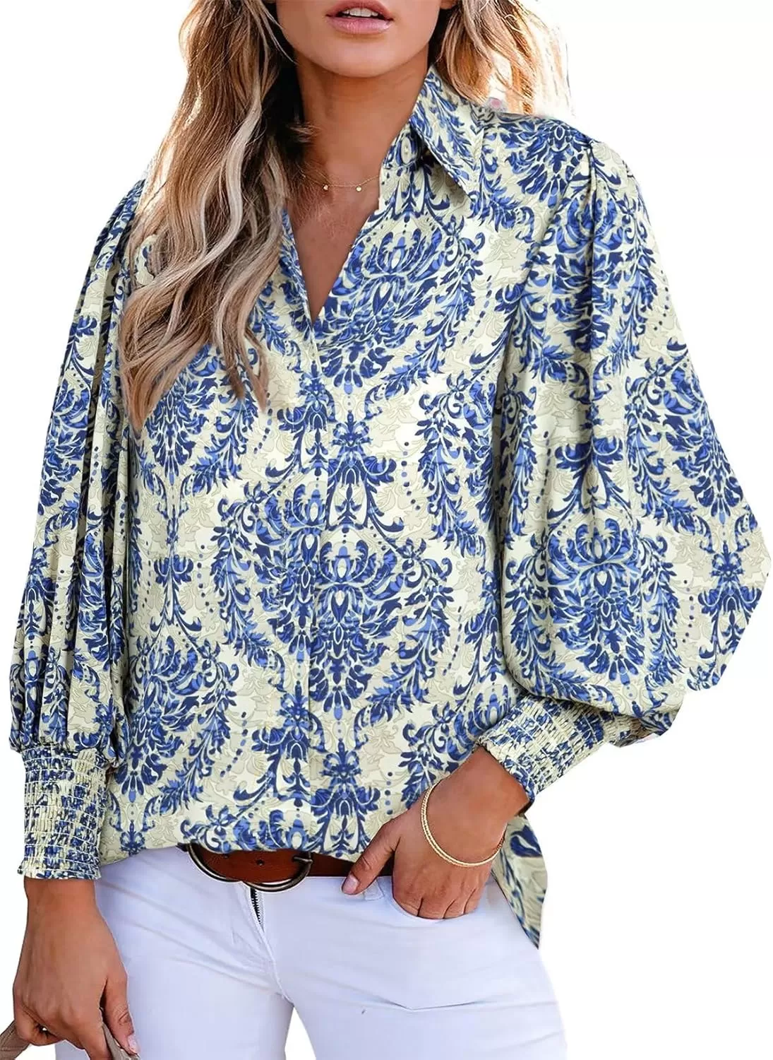 imageAstylish Women 2024 Loose VNeck Shirts Paisley Print Lantern Sleeve Blouse TopsZb Dark Blue