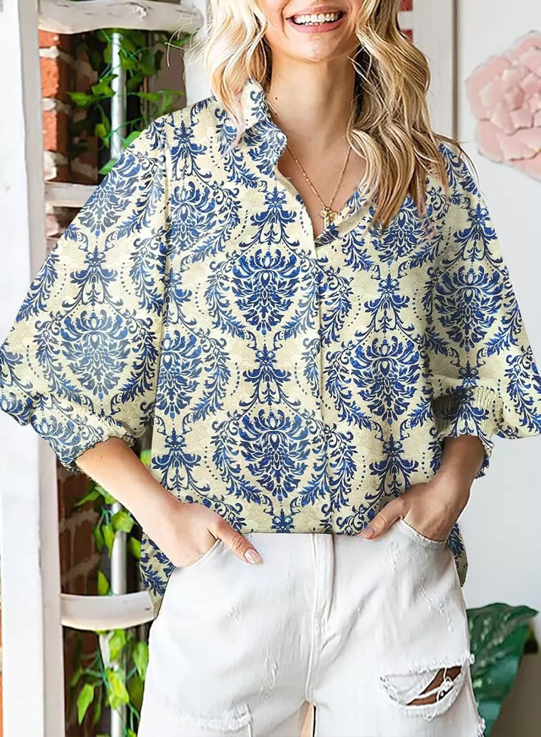 imageAstylish Women 2024 Loose VNeck Shirts Paisley Print Lantern Sleeve Blouse TopsZb Dark Blue