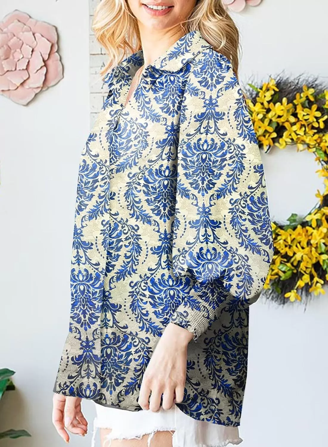 imageAstylish Women 2024 Loose VNeck Shirts Paisley Print Lantern Sleeve Blouse TopsZb Dark Blue