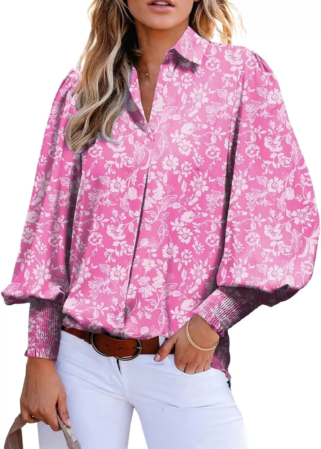 imageAstylish Women 2024 Loose VNeck Shirts Paisley Print Lantern Sleeve Blouse TopsZb Floral Pink