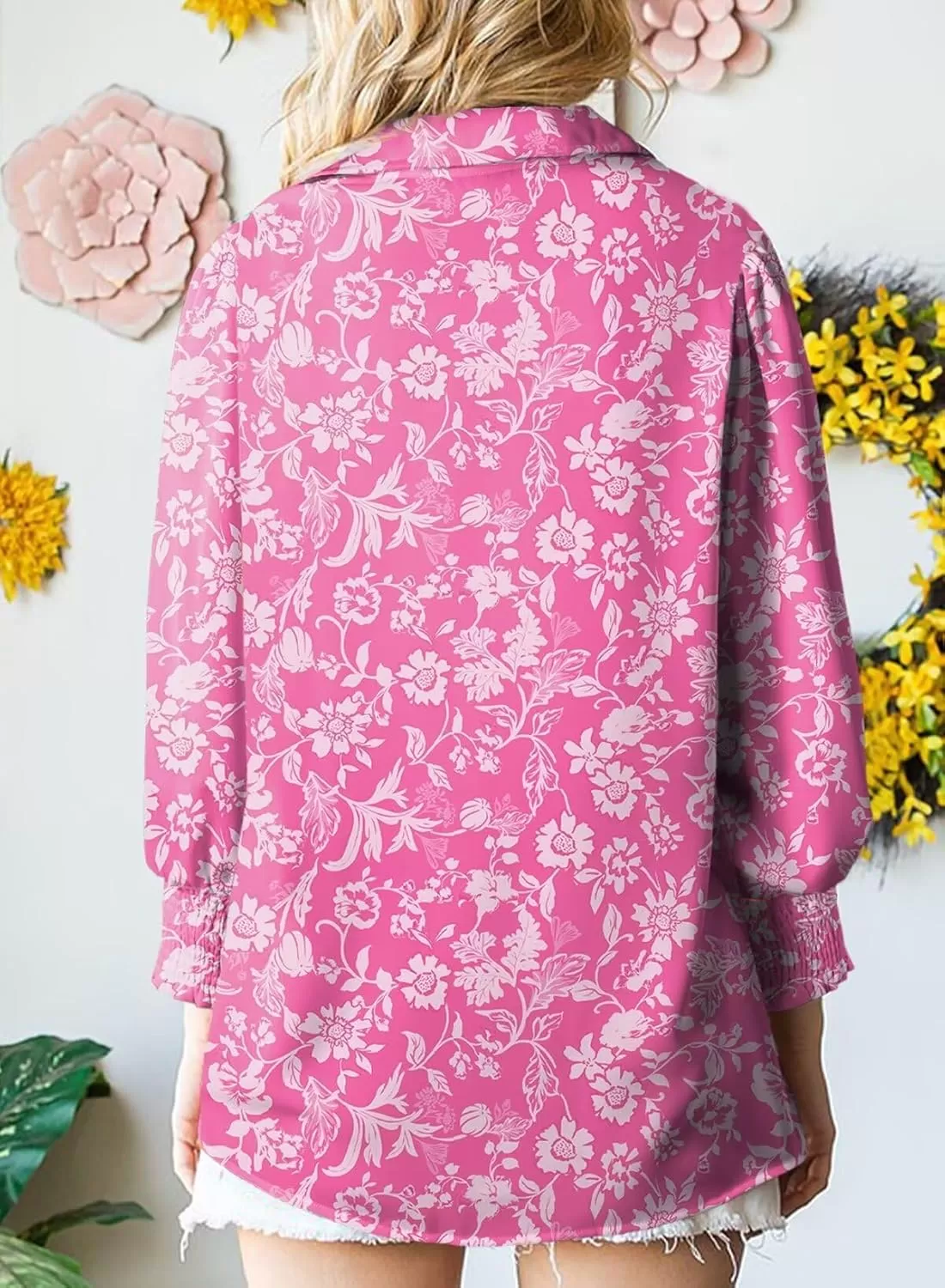 imageAstylish Women 2024 Loose VNeck Shirts Paisley Print Lantern Sleeve Blouse TopsZb Floral Pink