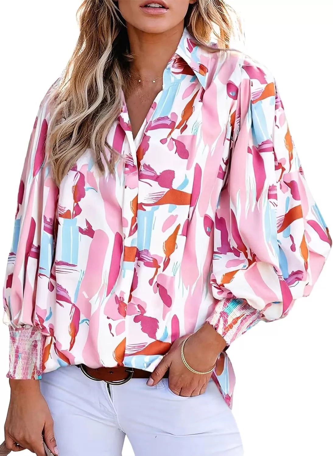 imageAstylish Women 2024 Loose VNeck Shirts Paisley Print Lantern Sleeve Blouse TopsZb Light Pink