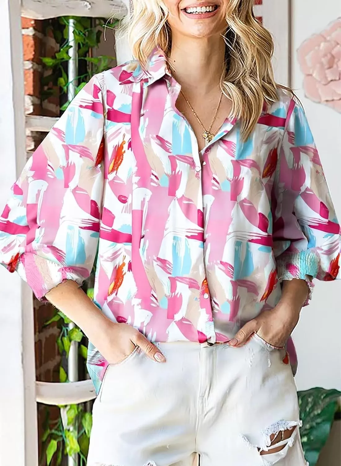 imageAstylish Women 2024 Loose VNeck Shirts Paisley Print Lantern Sleeve Blouse TopsZb Light Pink