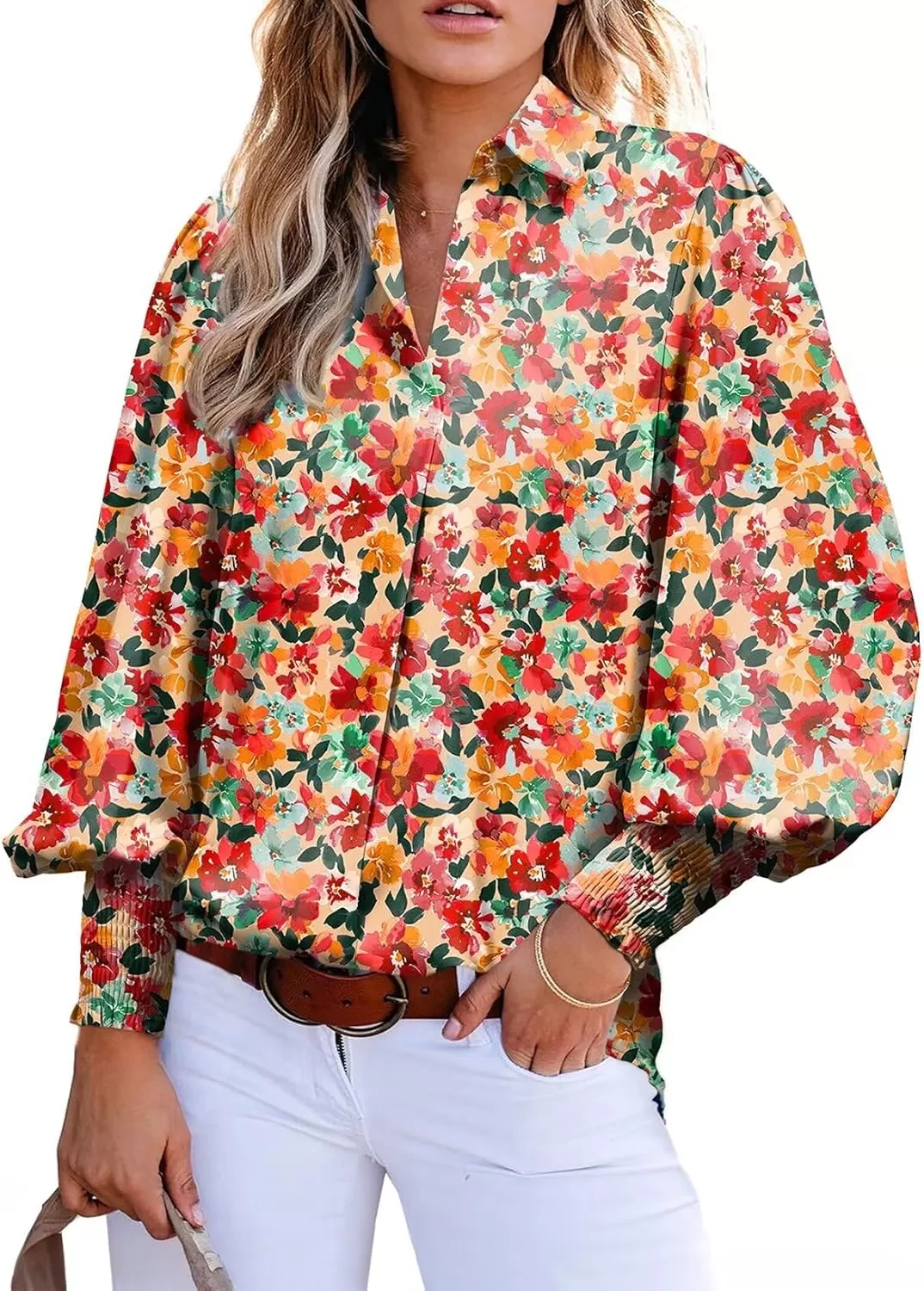 imageAstylish Women 2024 Loose VNeck Shirts Paisley Print Lantern Sleeve Blouse TopsZb Print Red