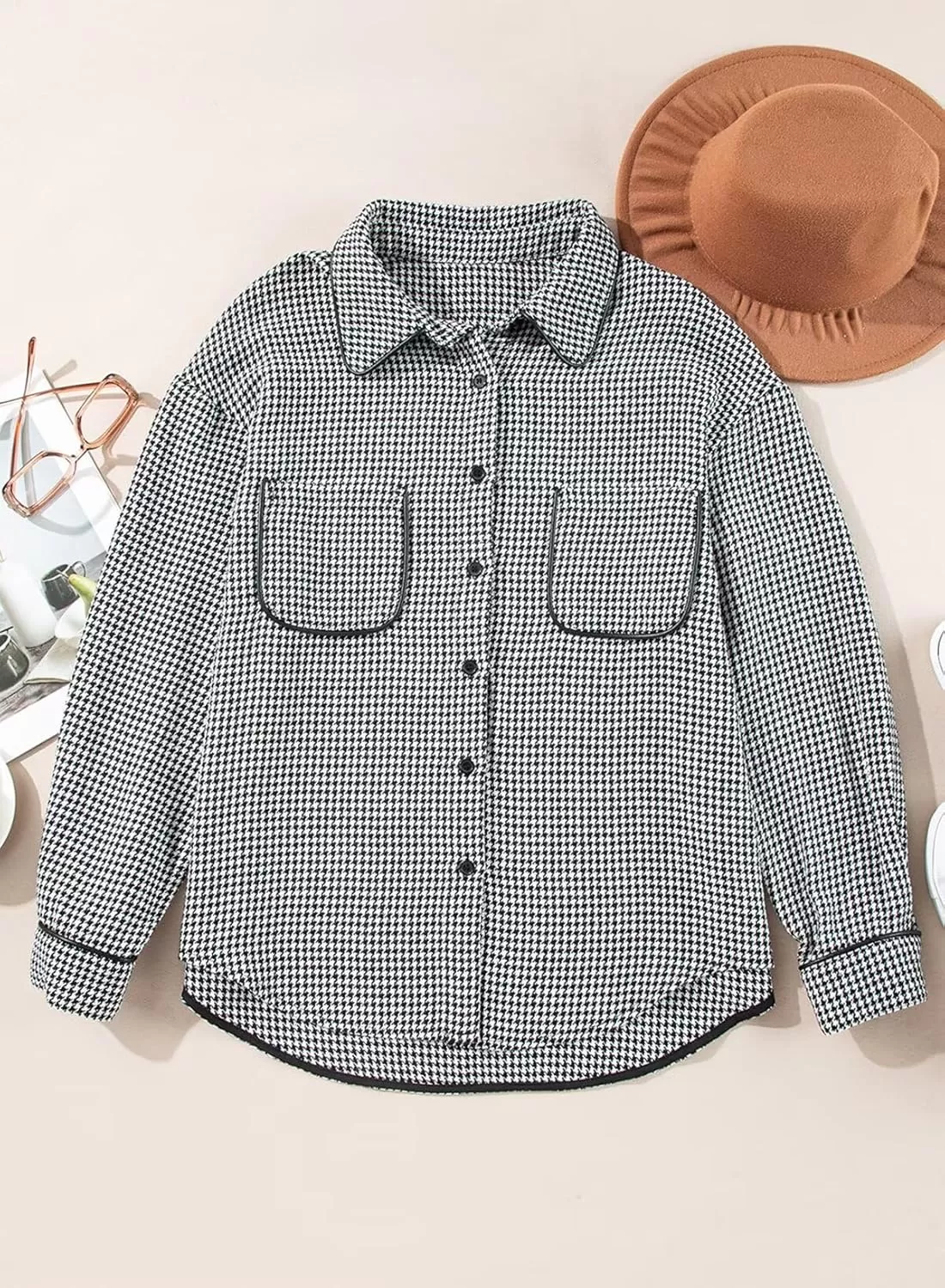 imageAstylish Women Casual Shacket 2024 Houndstooth Jacket Long Sleeve Button Down Shirts Dressy Blouse Tops with PocketBlack