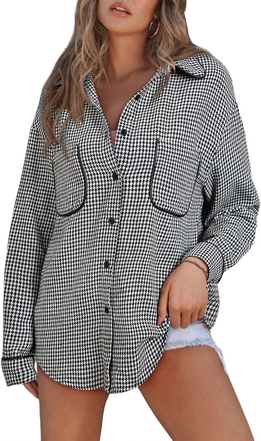 imageAstylish Women Casual Shacket 2024 Houndstooth Jacket Long Sleeve Button Down Shirts Dressy Blouse Tops with PocketBlack