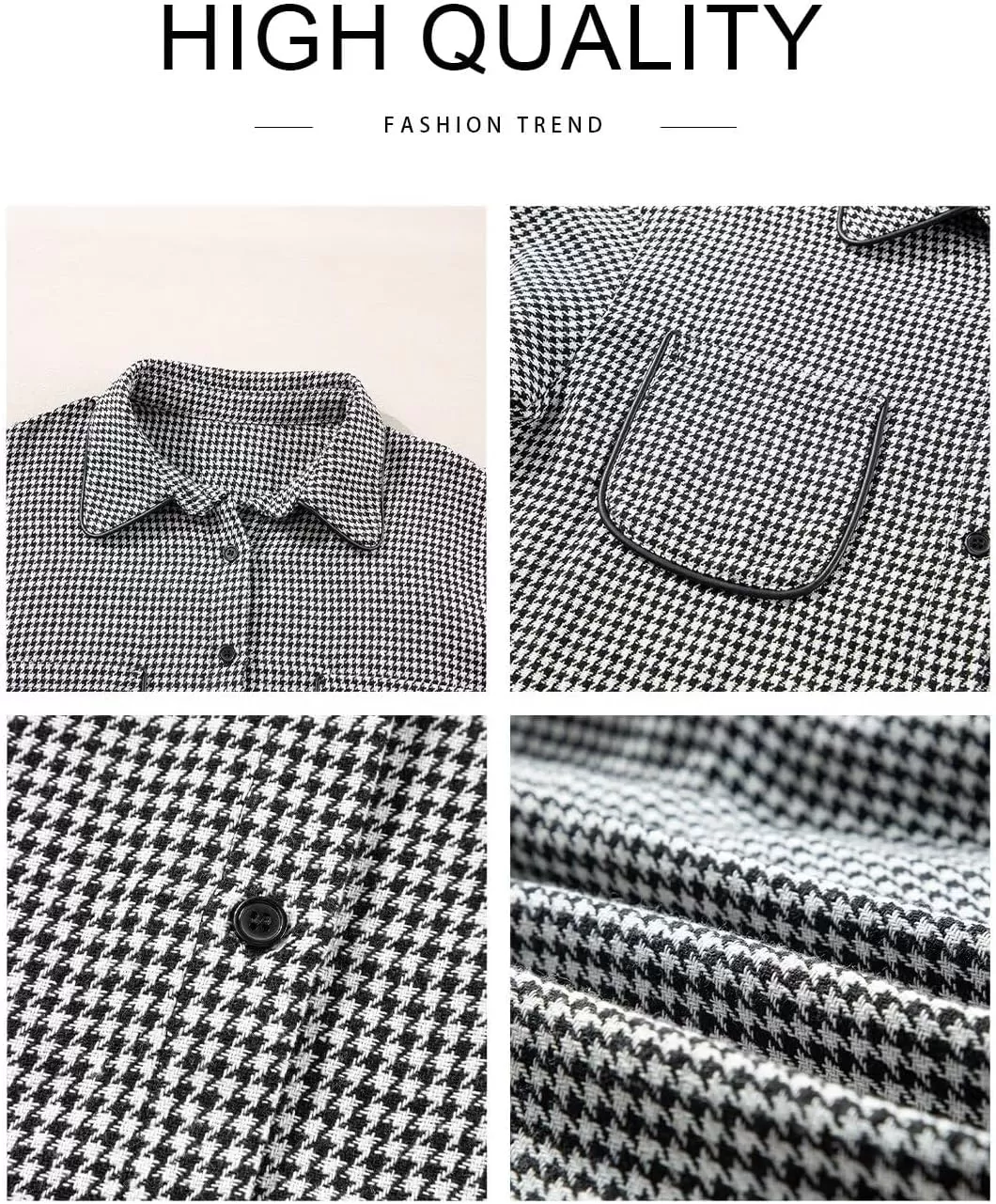 imageAstylish Women Casual Shacket 2024 Houndstooth Jacket Long Sleeve Button Down Shirts Dressy Blouse Tops with PocketBlack