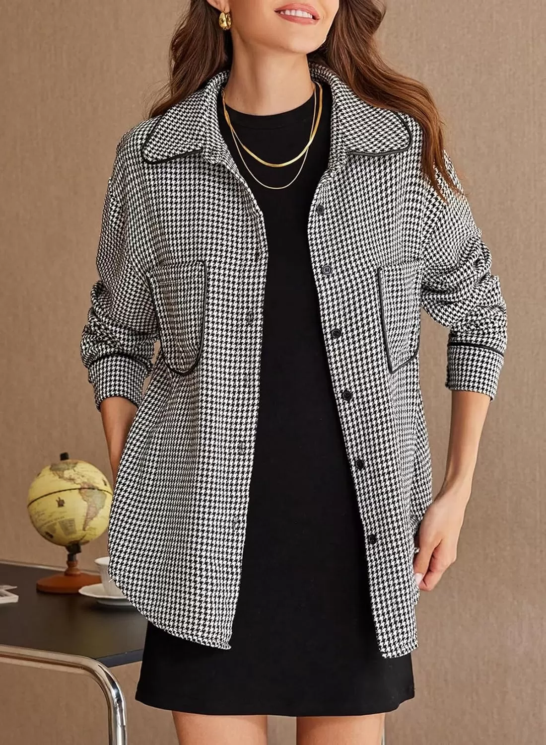 imageAstylish Women Casual Shacket 2024 Houndstooth Jacket Long Sleeve Button Down Shirts Dressy Blouse Tops with PocketBlack