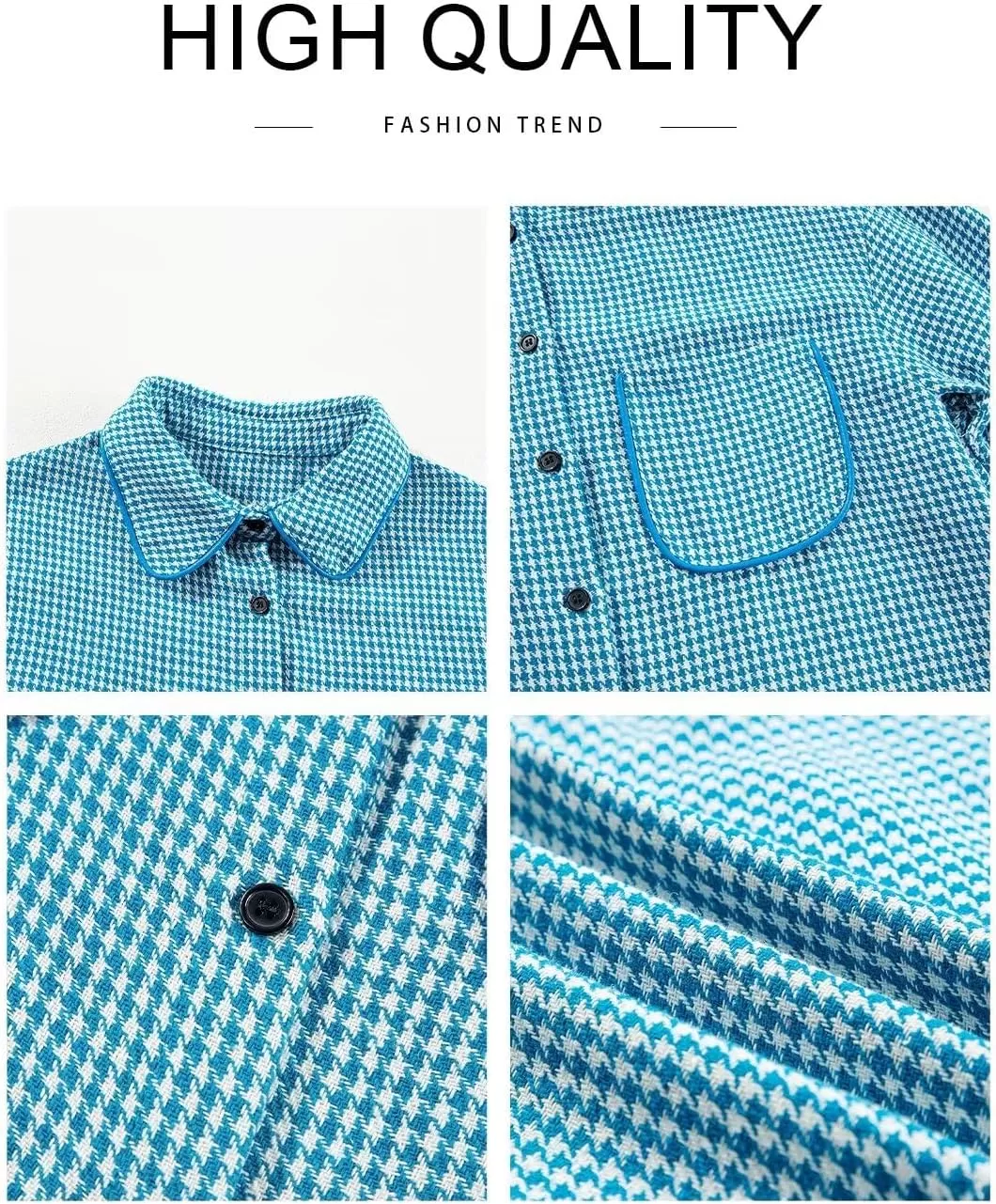 imageAstylish Women Casual Shacket 2024 Houndstooth Jacket Long Sleeve Button Down Shirts Dressy Blouse Tops with PocketBlue