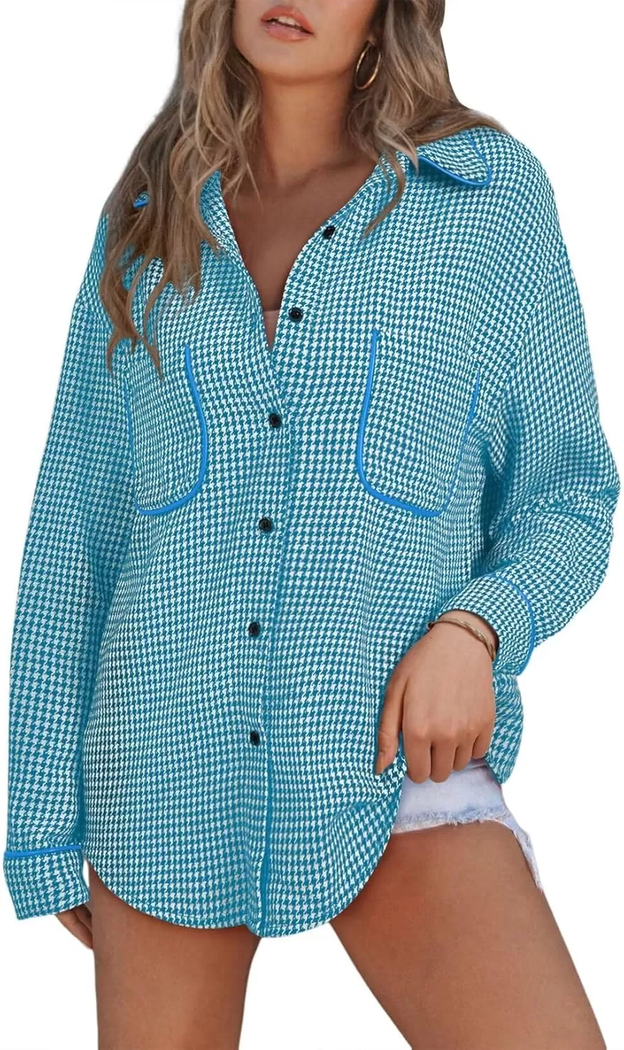 imageAstylish Women Casual Shacket 2024 Houndstooth Jacket Long Sleeve Button Down Shirts Dressy Blouse Tops with PocketBlue