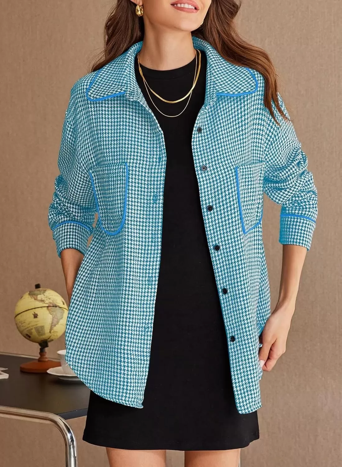 imageAstylish Women Casual Shacket 2024 Houndstooth Jacket Long Sleeve Button Down Shirts Dressy Blouse Tops with PocketBlue