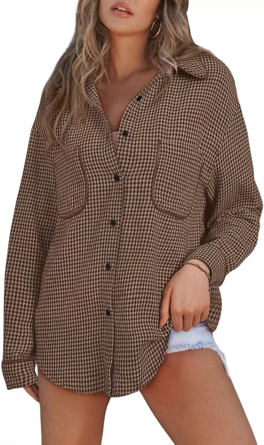 imageAstylish Women Casual Shacket 2024 Houndstooth Jacket Long Sleeve Button Down Shirts Dressy Blouse Tops with PocketDesert Palm