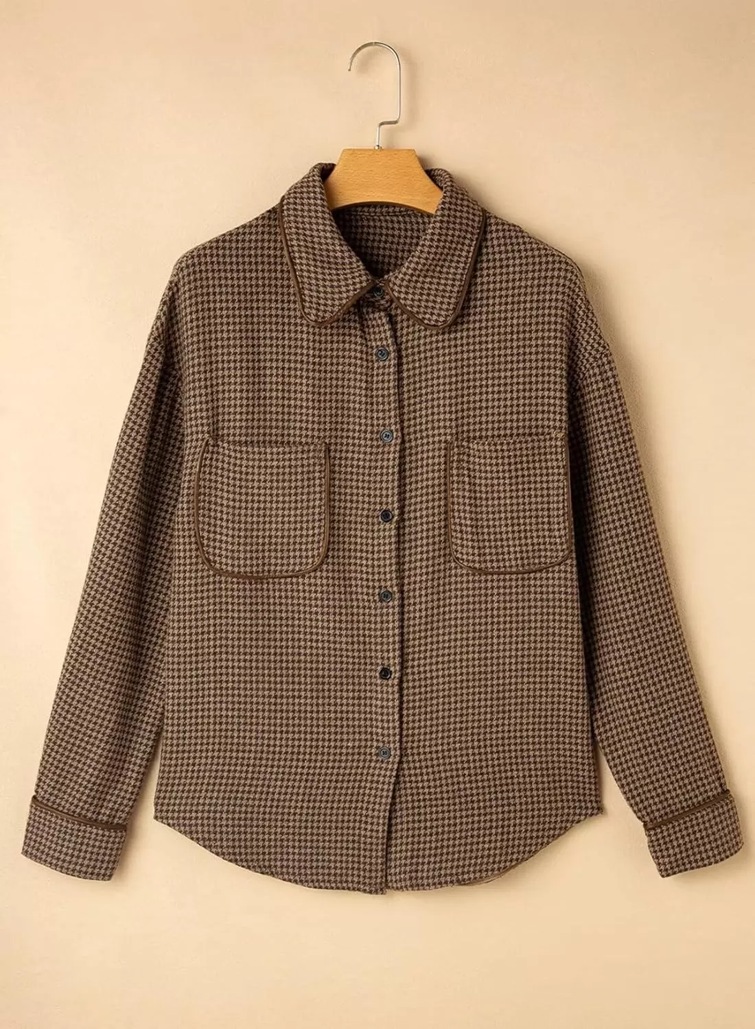 imageAstylish Women Casual Shacket 2024 Houndstooth Jacket Long Sleeve Button Down Shirts Dressy Blouse Tops with PocketDesert Palm