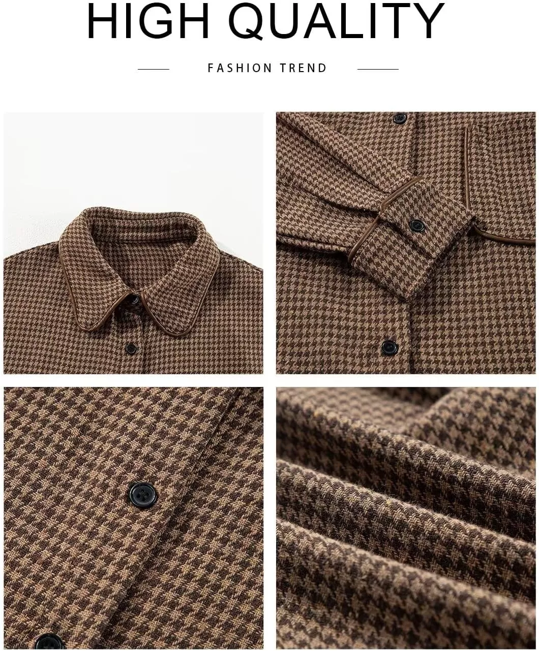 imageAstylish Women Casual Shacket 2024 Houndstooth Jacket Long Sleeve Button Down Shirts Dressy Blouse Tops with PocketDesert Palm