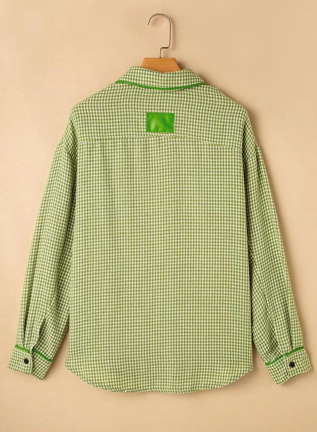 imageAstylish Women Casual Shacket 2024 Houndstooth Jacket Long Sleeve Button Down Shirts Dressy Blouse Tops with PocketGrass Green