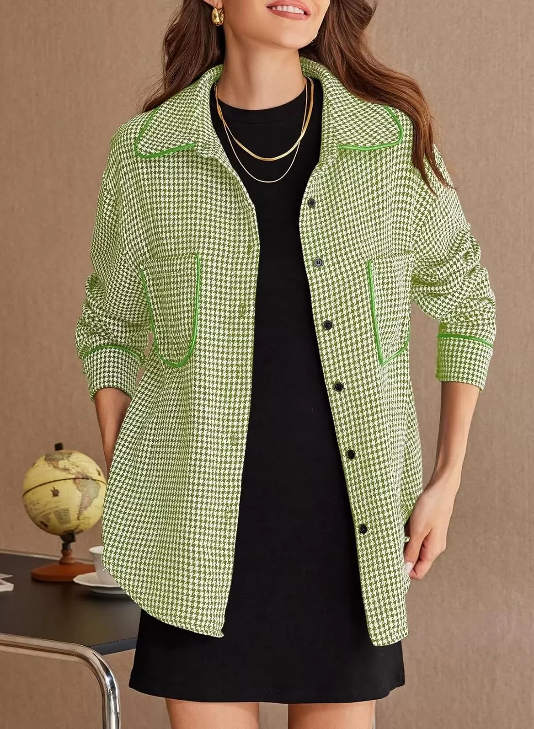 imageAstylish Women Casual Shacket 2024 Houndstooth Jacket Long Sleeve Button Down Shirts Dressy Blouse Tops with PocketGrass Green