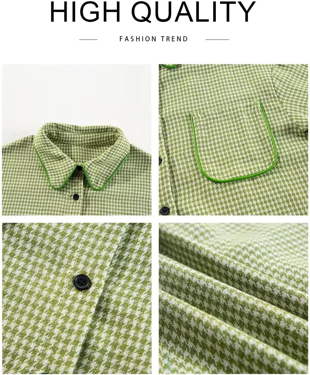 imageAstylish Women Casual Shacket 2024 Houndstooth Jacket Long Sleeve Button Down Shirts Dressy Blouse Tops with PocketGrass Green