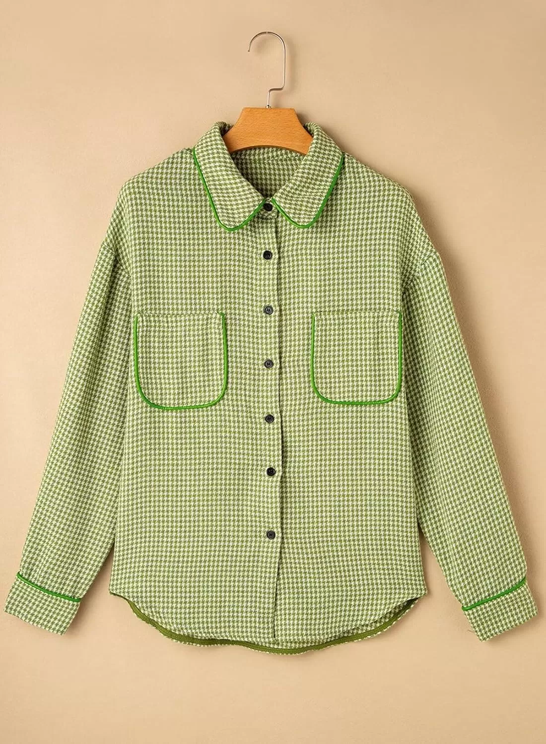 imageAstylish Women Casual Shacket 2024 Houndstooth Jacket Long Sleeve Button Down Shirts Dressy Blouse Tops with PocketGrass Green