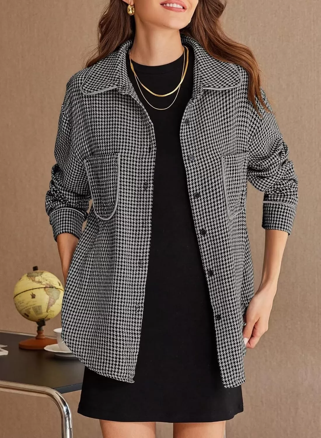 imageAstylish Women Casual Shacket 2024 Houndstooth Jacket Long Sleeve Button Down Shirts Dressy Blouse Tops with PocketGray