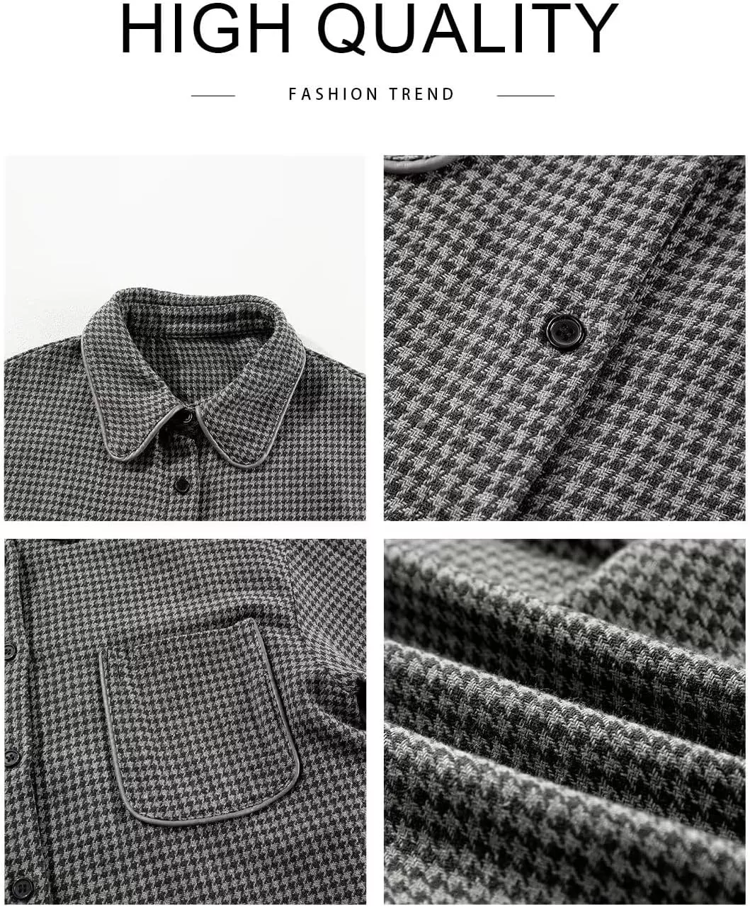 imageAstylish Women Casual Shacket 2024 Houndstooth Jacket Long Sleeve Button Down Shirts Dressy Blouse Tops with PocketGray