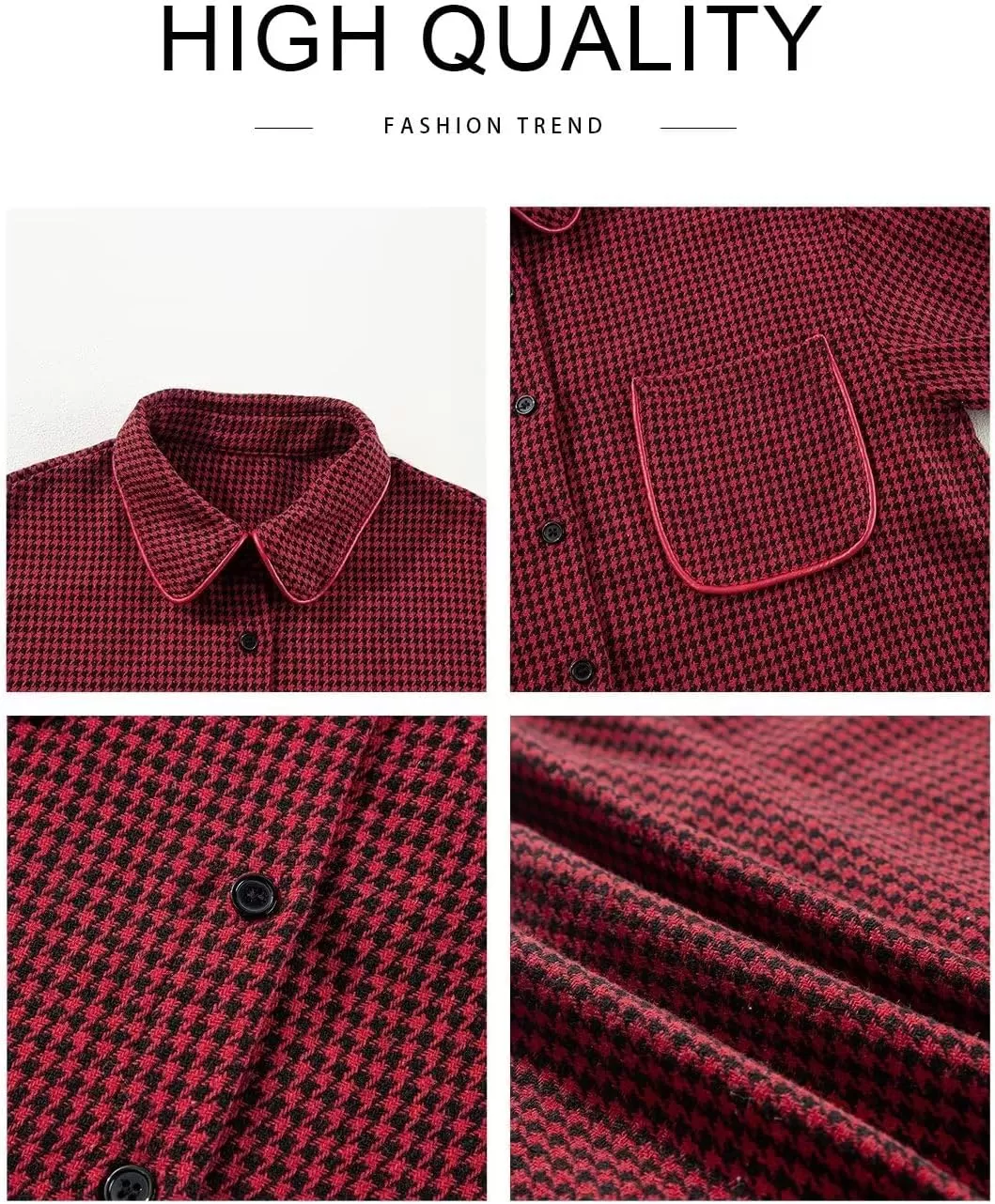 imageAstylish Women Casual Shacket 2024 Houndstooth Jacket Long Sleeve Button Down Shirts Dressy Blouse Tops with PocketRed Dahlia