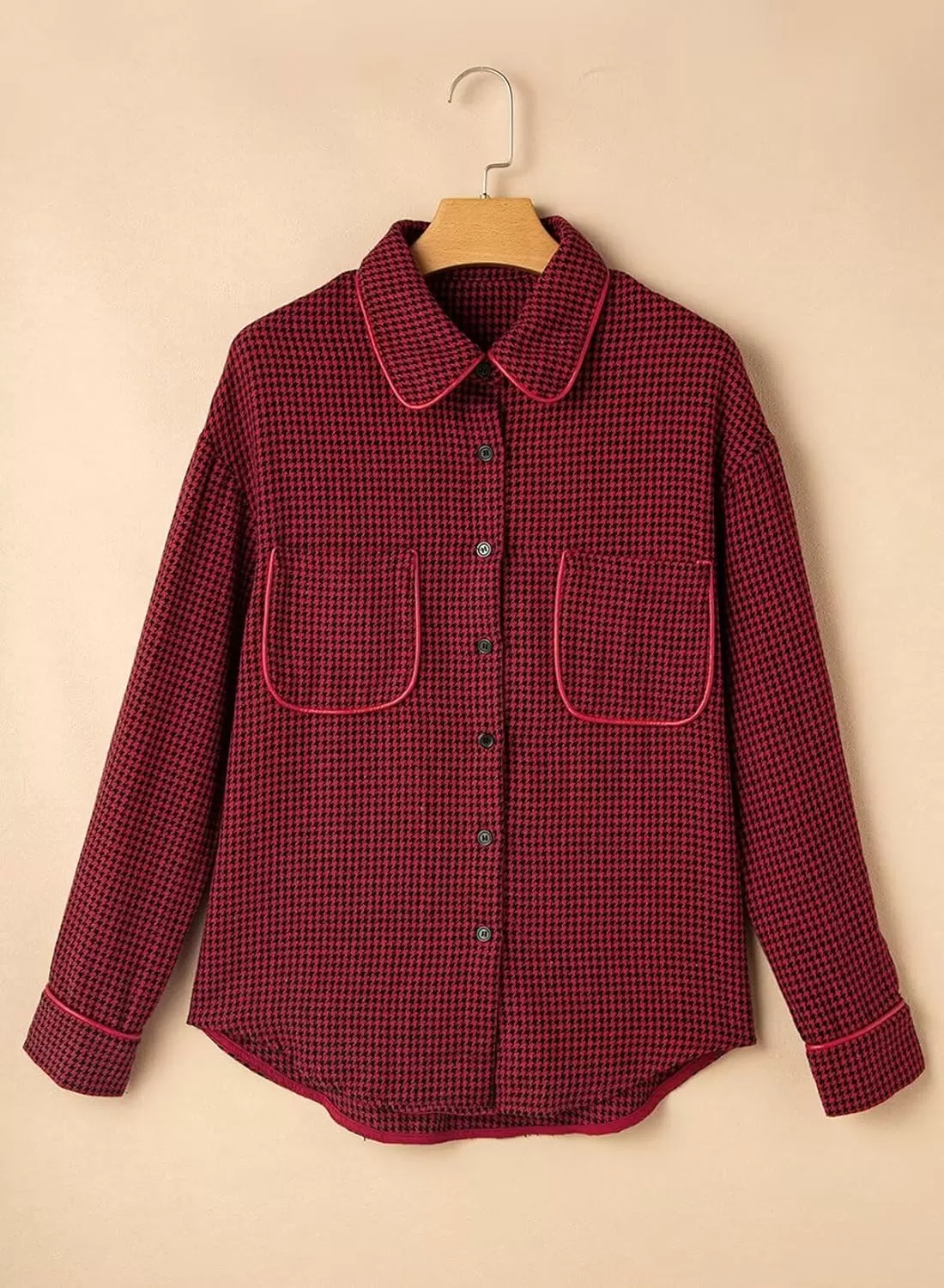 imageAstylish Women Casual Shacket 2024 Houndstooth Jacket Long Sleeve Button Down Shirts Dressy Blouse Tops with PocketRed Dahlia
