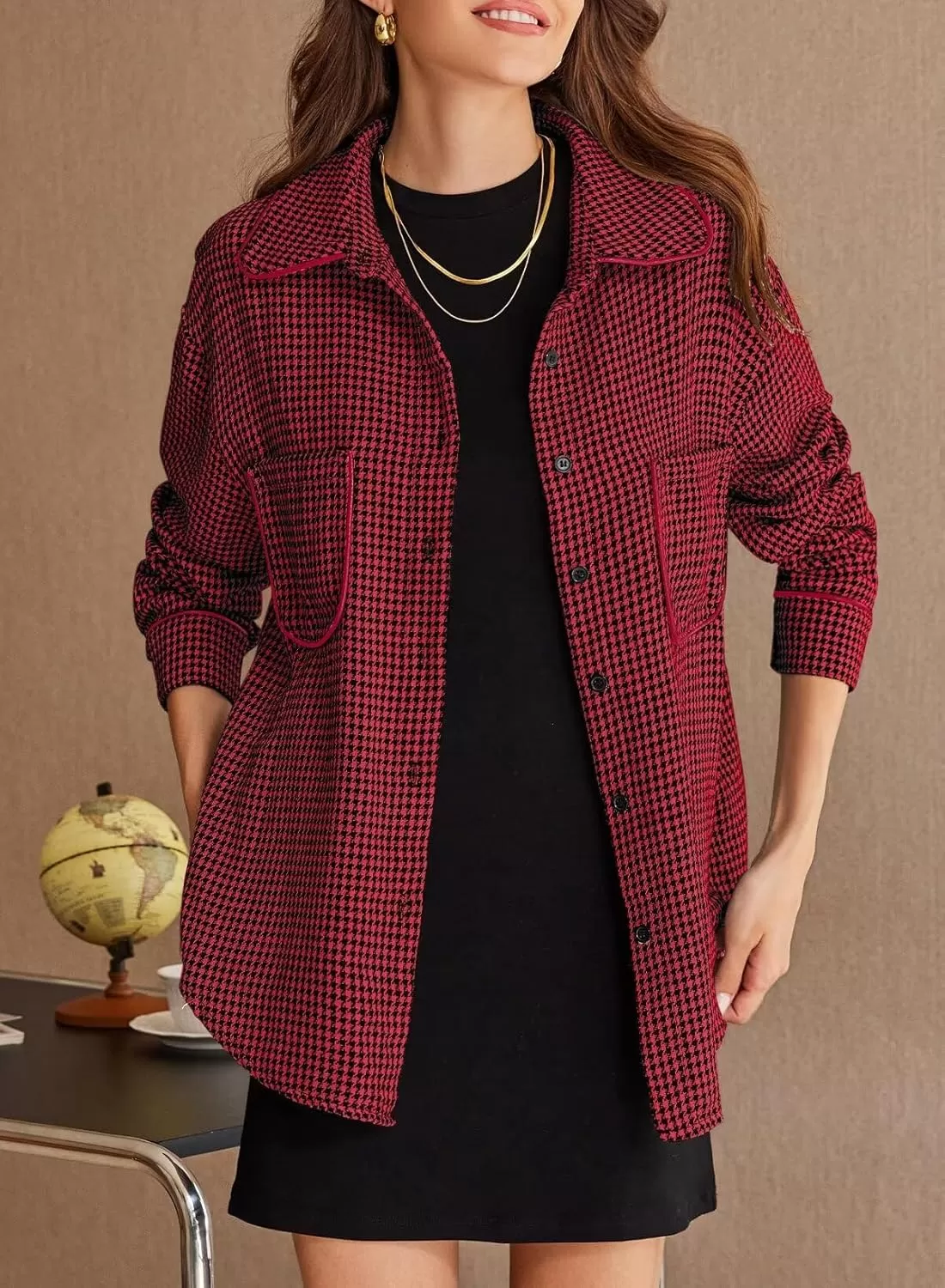 imageAstylish Women Casual Shacket 2024 Houndstooth Jacket Long Sleeve Button Down Shirts Dressy Blouse Tops with PocketRed Dahlia