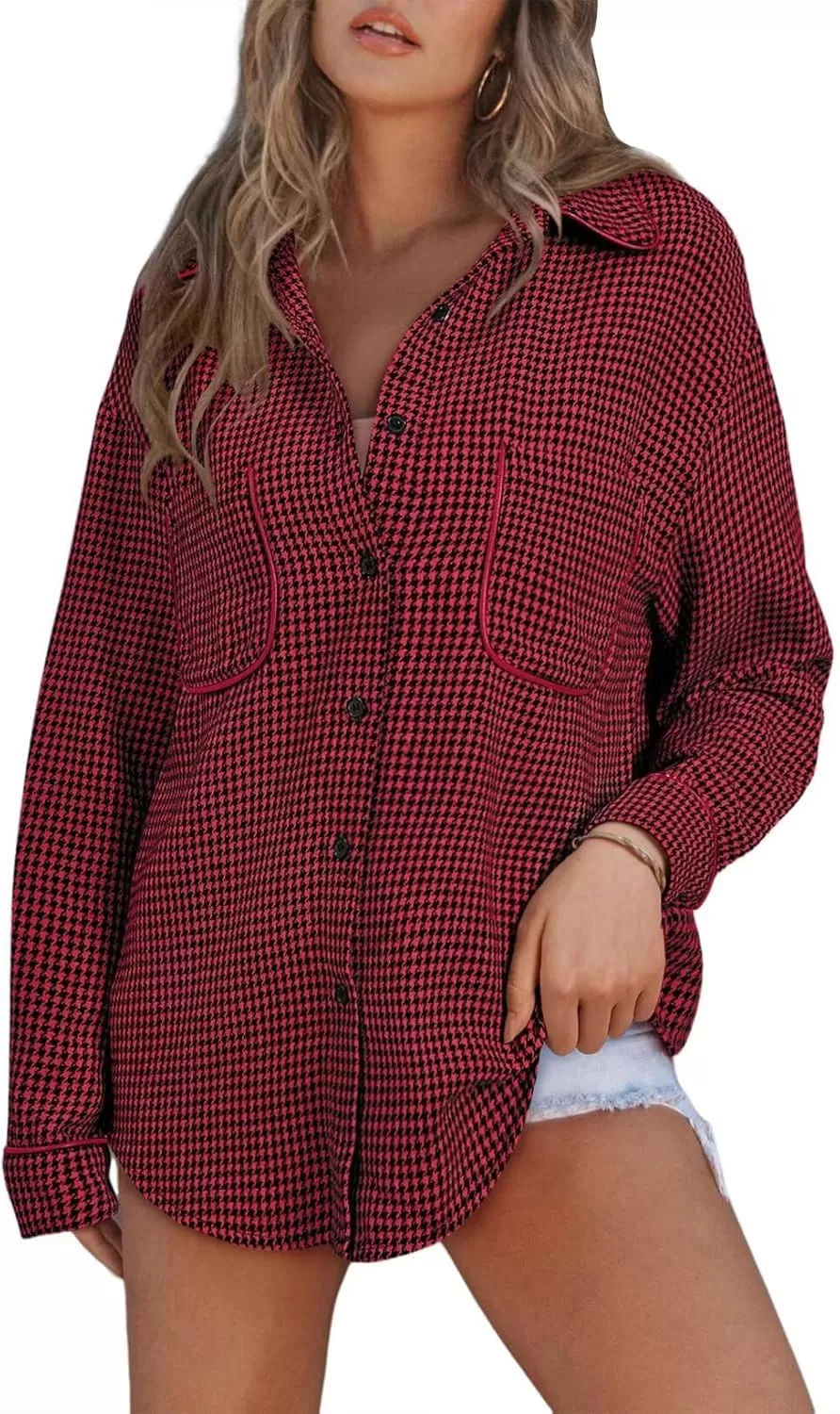 imageAstylish Women Casual Shacket 2024 Houndstooth Jacket Long Sleeve Button Down Shirts Dressy Blouse Tops with PocketRed Dahlia