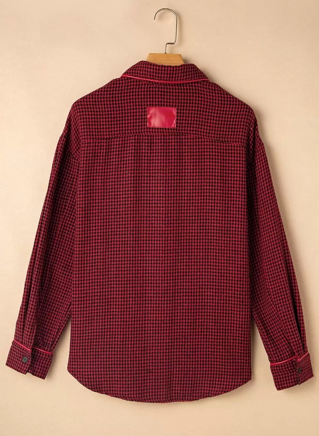 imageAstylish Women Casual Shacket 2024 Houndstooth Jacket Long Sleeve Button Down Shirts Dressy Blouse Tops with PocketRed Dahlia