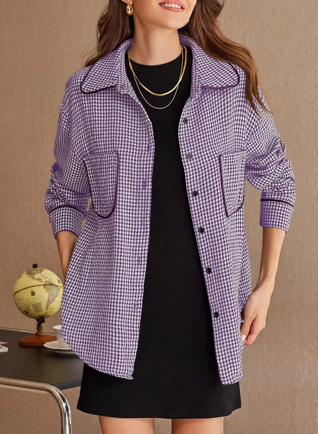 imageAstylish Women Casual Shacket 2024 Houndstooth Jacket Long Sleeve Button Down Shirts Dressy Blouse Tops with PocketTillandsia Purple
