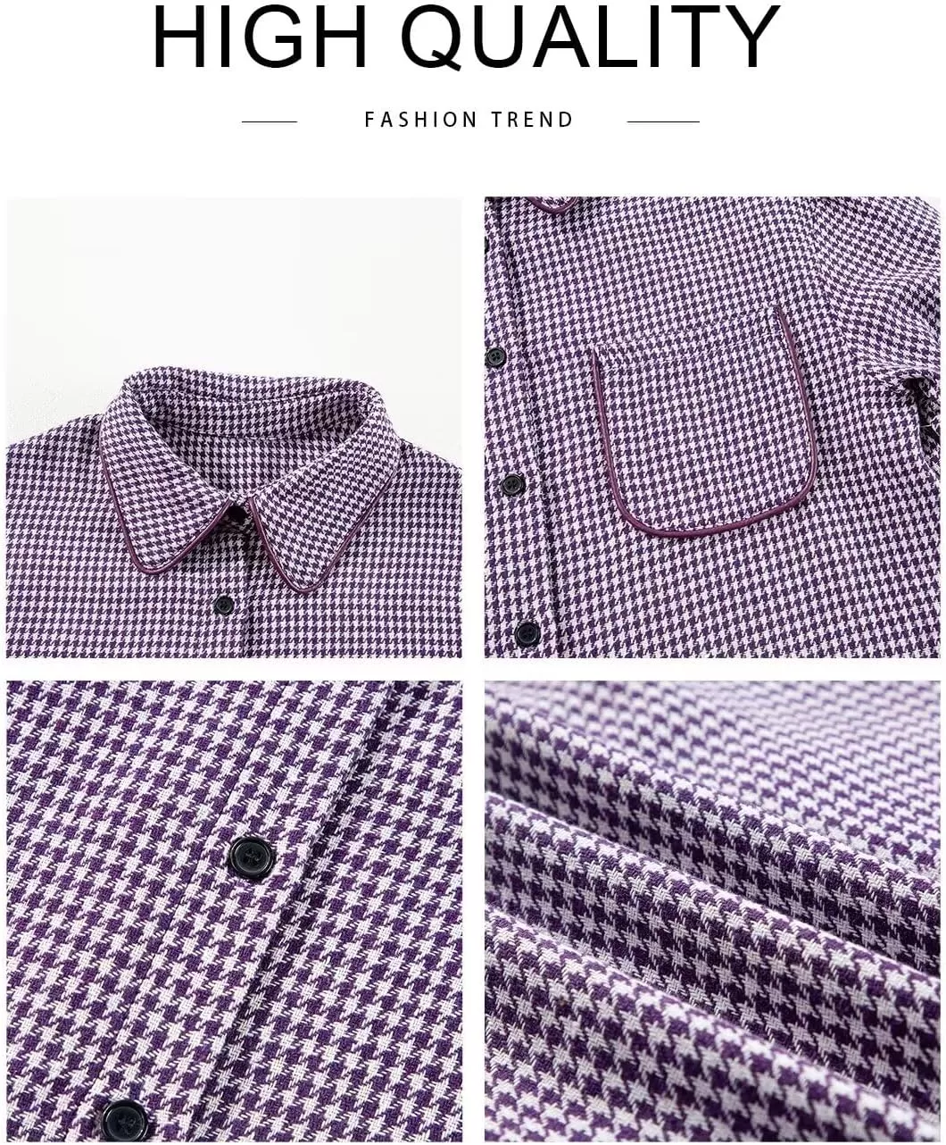 imageAstylish Women Casual Shacket 2024 Houndstooth Jacket Long Sleeve Button Down Shirts Dressy Blouse Tops with PocketTillandsia Purple
