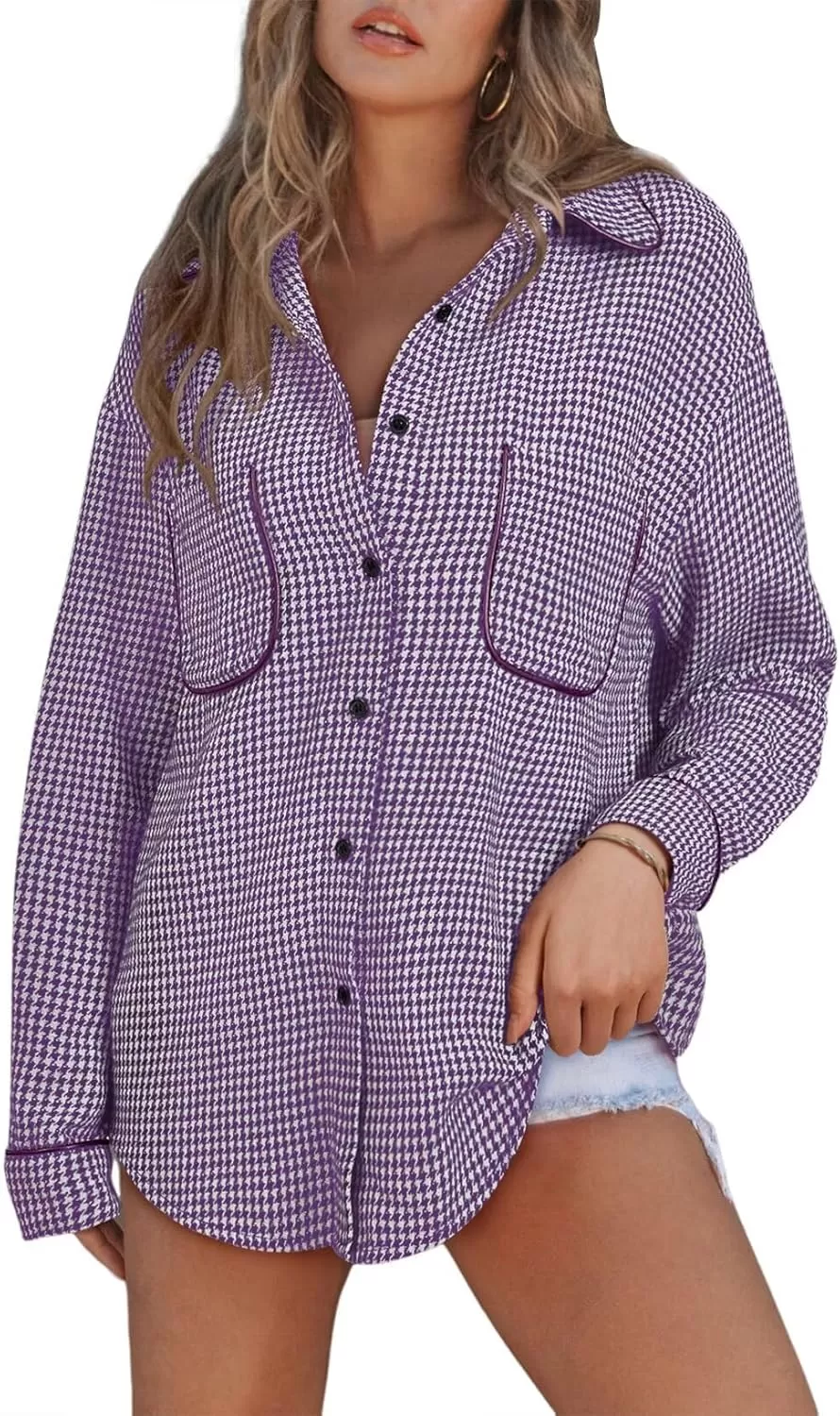 imageAstylish Women Casual Shacket 2024 Houndstooth Jacket Long Sleeve Button Down Shirts Dressy Blouse Tops with PocketTillandsia Purple