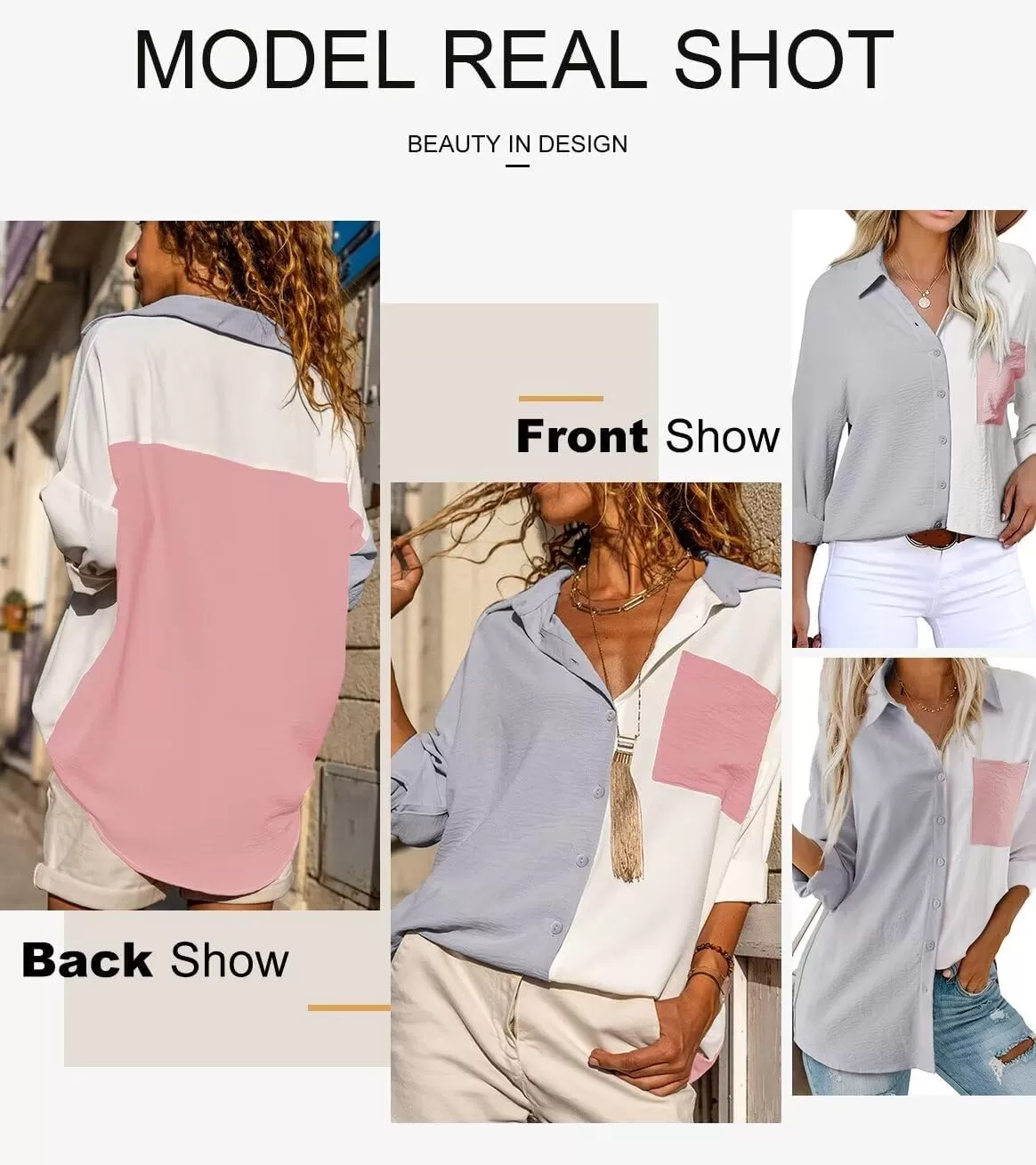 imageAstylish Women Casual V Neck Button Down Silk Shirt Long Sleeve Color Block Blouse Tunic TopsA Gray