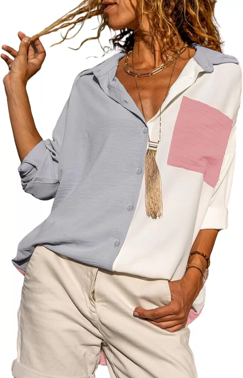 imageAstylish Women Casual V Neck Button Down Silk Shirt Long Sleeve Color Block Blouse Tunic TopsA Gray