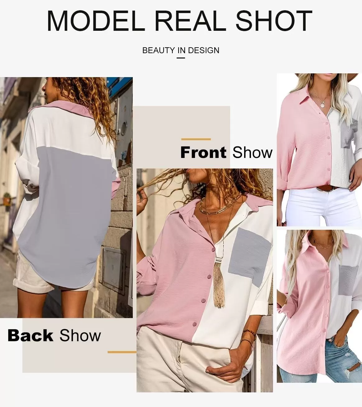 imageAstylish Women Casual V Neck Button Down Silk Shirt Long Sleeve Color Block Blouse Tunic TopsB Dusty Pink