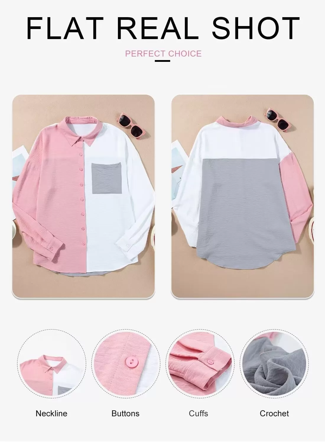 imageAstylish Women Casual V Neck Button Down Silk Shirt Long Sleeve Color Block Blouse Tunic TopsB Dusty Pink