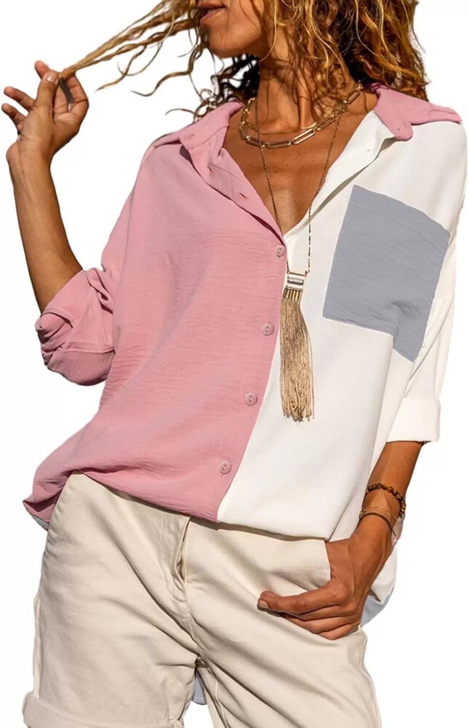 imageAstylish Women Casual V Neck Button Down Silk Shirt Long Sleeve Color Block Blouse Tunic TopsB Dusty Pink