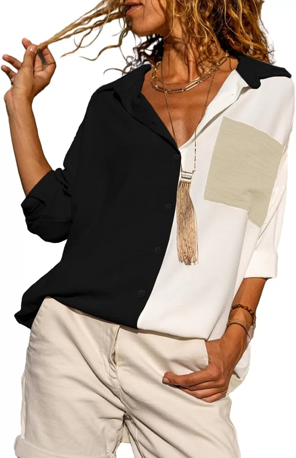 imageAstylish Women Casual V Neck Button Down Silk Shirt Long Sleeve Color Block Blouse Tunic TopsC Black