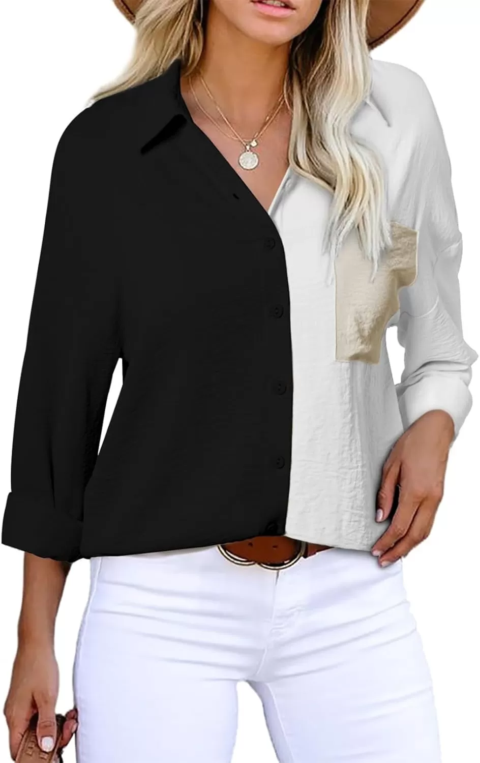 imageAstylish Women Casual V Neck Button Down Silk Shirt Long Sleeve Color Block Blouse Tunic TopsC Black