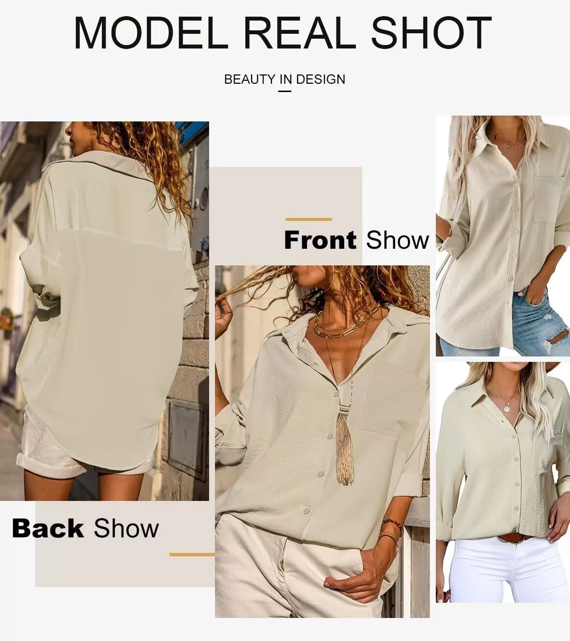 imageAstylish Women Casual V Neck Button Down Silk Shirt Long Sleeve Color Block Blouse Tunic TopsS Beige