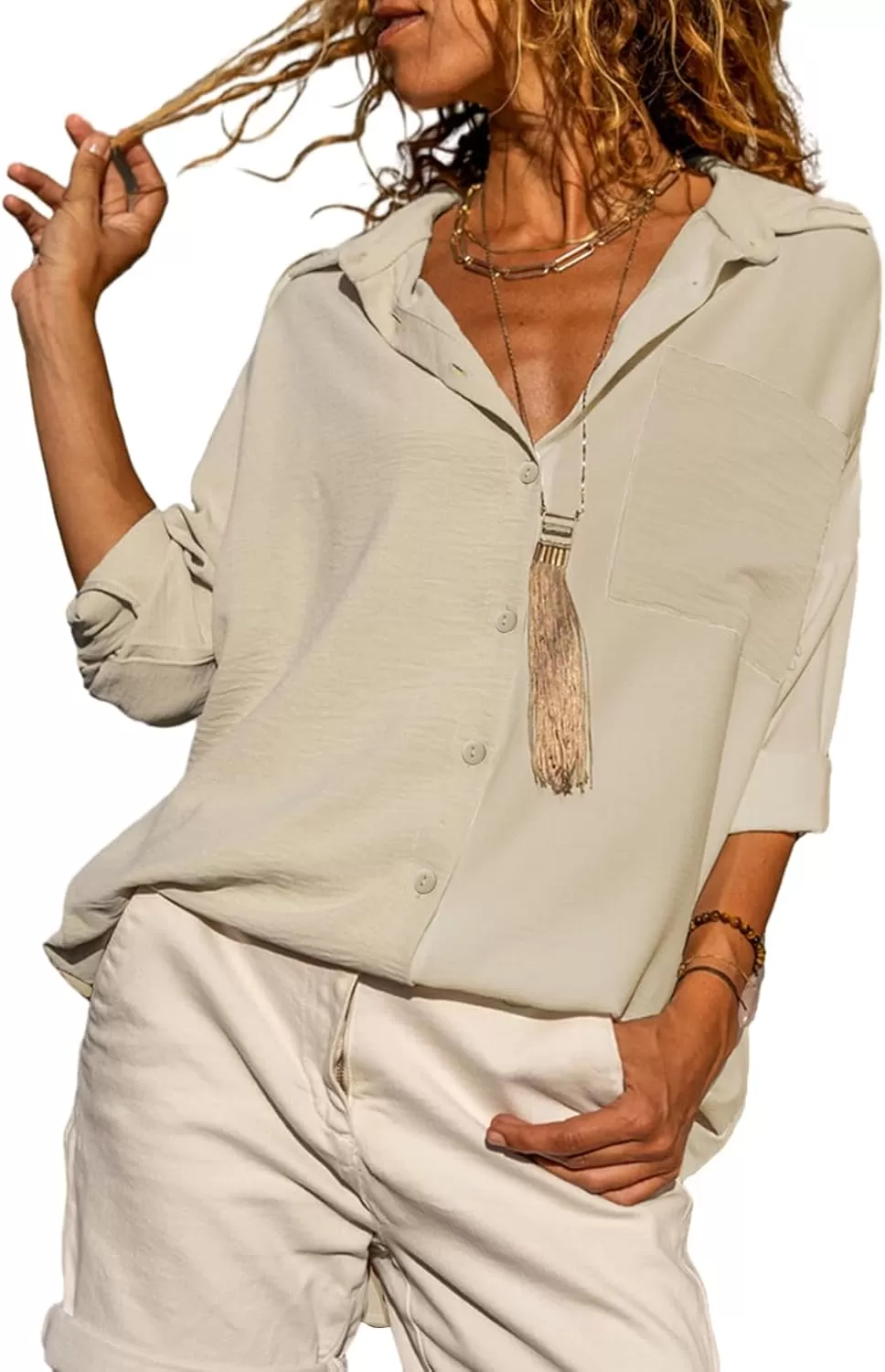 imageAstylish Women Casual V Neck Button Down Silk Shirt Long Sleeve Color Block Blouse Tunic TopsS Beige