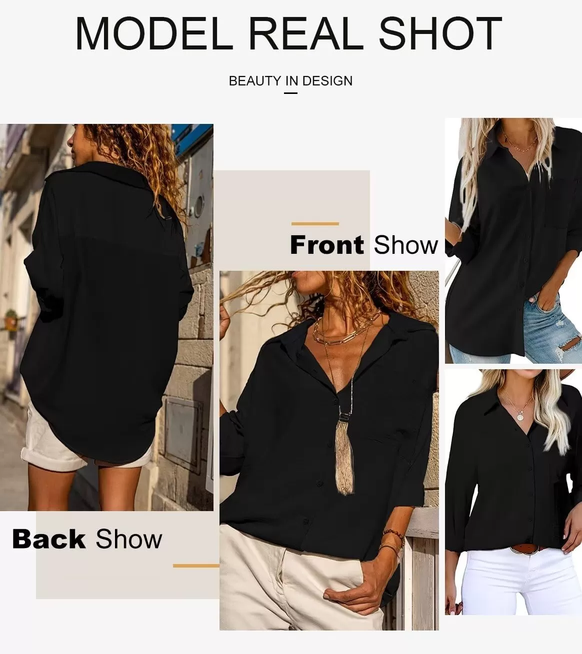 imageAstylish Women Casual V Neck Button Down Silk Shirt Long Sleeve Color Block Blouse Tunic TopsSolid Black